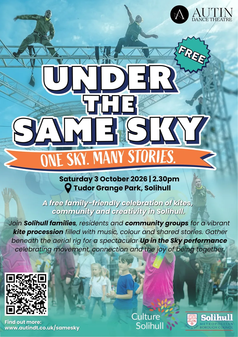 Under the Same Sky poster: One sky, many stories, Saturday 3 October 2026, 2.30pm, Tudor Grange Park, Solihull, free, with aerialists on a metal rig above a crowd